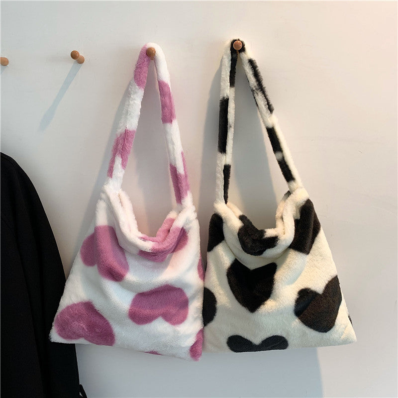 Love Heart Shoulder Winter Plush Shopping Bags For Women