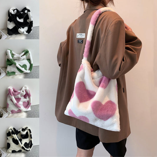 Love Heart Shoulder Winter Plush Shopping Bags For Women